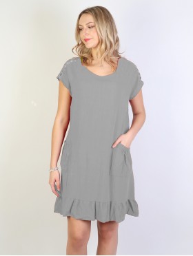 Shift Dress with Flowncy Edge.Cut-out Shoulder and Pockets